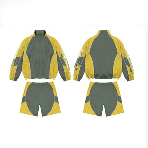Mens 145 GSM Polyester Taslon Windbreaker and Shorts Set Black <b>Yellow</b> Panel Custom Embroidery Logo Windbreaker Shorts for Men - Product Image 4