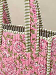 Bolso Tote Acolchado Floral con Asas Verdes a Rayas y Cierre de Cremallera para Mujer, Ideal para Viajes Diarios y Compras en Todas las Estaciones - Product Image 3
