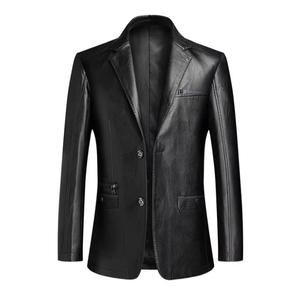 Unisex <b>Brown</b> PU <b>Leather</b> Blazer Slim Fit Stand Collar Single Breasted Waterproof High Street <b>Jacket</b> with Zippers Satin Lining - Product Image 3