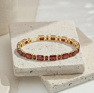 Radiant Cut Garnet Stone <b>Charm</b> Bracelet in Sterling Silver Gold Plated Elegant Gemstone Handmade Fine Jewelry Gift for Women - Product Image 2