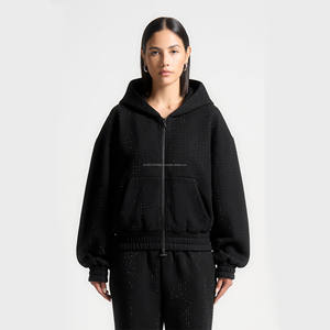 Sweat à capuche court à fermeture éclair en strass pour femmes Ensemble de pantalons de survêtement pour femmes Logo imprimé bouffant personnalisé Ensemble deux pièces Vêtements pour femmes - Product Image 4