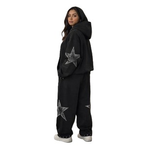 Ensemble de survêtement à capuche noir à imprimé étoiles pour femme, coupe ample, manches longues, décontracté, 100 % coton, pour l'automne, avec poches latérales - Product Image 3