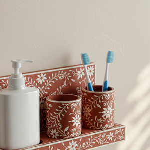 Handcrafted Floral Bone Inlay Bathroom Organizer Set Terracotta & White Wall-Mounted Vanity <b>Shelf</b> - Product Image 2