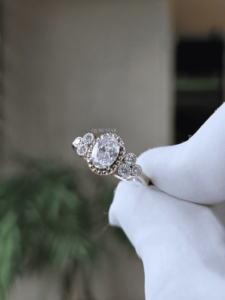 Oval Lab Grown Diamond Halo Floral Ring 0.85 Ct Gold Milgrain <b>Cluster</b> Engagement Anniversary Fine Jewelry for Women - Product Image 4