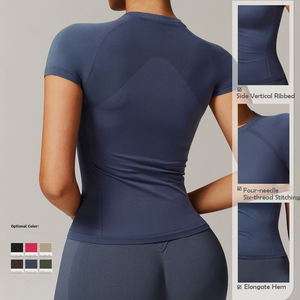 Haut de yoga à col montant pour femme, respirant, uni, séchage rapide, t-shirt de sport, logo personnalisé, manches courtes, chemises ajustées, OEM - Product Image 2