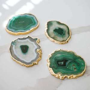 Natural Blue Dyed <b>Agate</b> Slice <b>Coasters</b> with Gold Electroplated Edge Polished Crystal Stone - Product Image 5