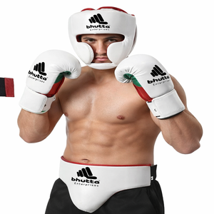 ชุดอุปกรณ์มวยอาชีพ ถุงมือหนังแท้ปักโลโก้ได้  พร้อมอุปกรณ์ป้องกันศีรษะและอุปกรณ์ป้องกันขาหนีบ สำหรับนักมวยฝึกซ้อมและการแข่งขัน - Product Image 1