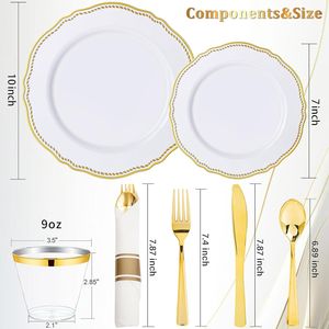 Set di Stoviglie in Plastica Bianca e Oro 350 Pezzi, Include 50 Piatti Fondi, 50 Piattini, 50 Bicchieri per Feste e Decorazioni da Tavola - Product Image 6