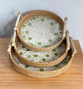 Bandeja de mimbre perla madre hecha a mano Vietnam Gran aperitivo postre fruta Casa de Té cestas de almacenamiento bandejas de servicio personalizadas mesa de centro - Product Image 4