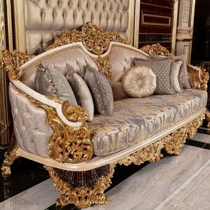 Juego de Sofás Seccionales Clásicos de Lujo, Estructura de Madera, Esponja, Forma de L, Muebles para Sala de Estar de Apartamento, Diseño Tradicional, Indonesia - Product Image 1