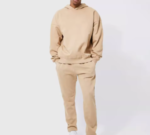 ชุดเซ็ตฮู้ดดี้โอเวอร์ไซส์ผู้ชาย สีพื้น ชุดลำลองสไตล์สตรีทแวร์เรียบง่าย ชุดสองชิ้น รับสกรีนโลโก้ - Product Image 1