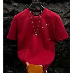 T-shirt décontracté pour homme 100 % polyester, col rond, imprimé strass, motif uni, tissé, vierge, vente en gros - Product Image 4