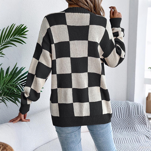 Cárdigan de punto con patrón geométrico personalizado, manga larga, informal, para otoño, con puños acanalados, suéter acrílico para damas. - Product Image 2
