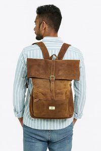 Wriza Simple Retro Genuine <b>Leather</b> <b>Backpack</b> Adjustable Strap Zipper Closure <b>Large</b> Capacity Multi-Function Lightweight Casual Bag - Product Image 4