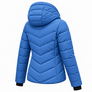Chaqueta acolchada corta azul para mujer, con capucha, cierre de cremallera, a prueba de viento, para invierno. - Product Image 5