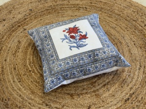 Premium Cotton Hand Block Square <b>Cushion</b> Cover with Red Blue Floral Print for Home & Hotel Decor - Product Image 5