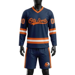 ชุดเสื้อและกางเกงขาสั้นฮอกกี้น้ำแข็งสีน้ำเงินกรมท่า-ส้ม ลายทาง คอวี สำหรับผู้ชาย ผลิตจากโพลีเอสเตอร์ เหมาะสำหรับทีมกีฬา ชุดกีฬาประสิทธิภาพสูง - Product Image 1