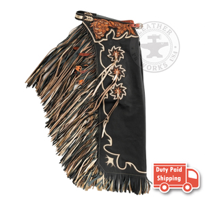 Men's Western Leather Rodeo <b>Chaps</b> with Long Fringe, Floral Embroidery & Decorative Tooling Cowboy <b>Riding</b> <b>Chaps</b> for Horseback - Product Image 2