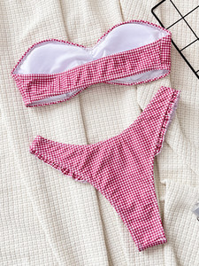 Conjunto de bikini con volantes sin tirantes para mujer, top acolchado push-up de dos piezas, parte inferior con lazo ajustable, traje de baño de verano para playa - Product Image 6