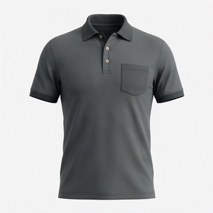 Polo à manches courtes gris foncé pour homme avec poche poitrine, design uni tricoté décontracté, coupe classique - Product Image 1