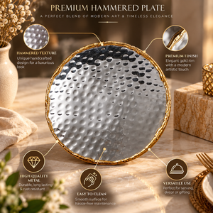 Assiette à dîner en argent martelé avec surface métallique texturée et bordure dorée |   Assiette de service décorative ronde moderne - Product Image 3