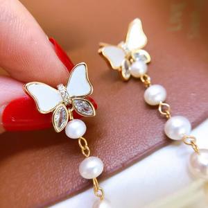 French Girlish Butterfly Design 3-8 Freshwater <b>Pearl</b> <b>Earrings</b> with Mother of <b>Pearl</b> Inlay South Korea Collection - Product Image 3