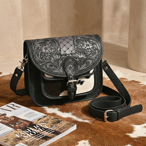 Sac bandoulière carré en cuir de vachette style safari avec franges et pompons pour filles, sac à bandoulière en cuir de vache à poils apparents - Product Image 5