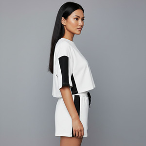 OEM/ODM 100% Cotton Women's Solid Embroidered Vintage Lace Short <b>Set</b> Custom Silk Screen Printed Logo Oversized Drop Shoulder - Product Image 5