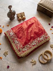 <b>Red</b> Embroidered <b>Saree</b> with Net Dupatta Floral Border Wedding Party Indian Pakistani Outfit for Women - Product Image 2