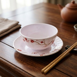 Melamine Dinnerware Set with Red Plum Blossom Design Round Plates Bowls <b>Cups</b> <b>Saucers</b> Modern Pigmented Non-Toxic Dishwasher Safe - Product Image 2