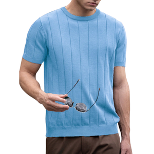 เสื้อเชิ้ตแขนสั้นคอกลมผ้าถักลายริบแนวตั้งสำหรับผู้ชาย สวมใส่สบาย น้ำหนักเบา เหมาะสำหรับใส่ในชีวิตประจำวัน สไตล์ลำลองสำหรับฤดูร้อน - Product Image 1