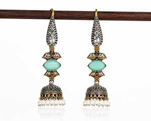 Pendientes de boda bohemios de latón con diseño de última moda, chapados en oro y plata oxidada, con piedra verde Monalisa, estilo indio Jhumka, para mujer, 21.5G |   Al por Mayor - Product Image 5