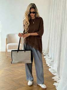 ODM Oversized Asymmetrical Diagonal Lace Hem Tee <b>Brown</b> Short Sleeve Crewneck Cotton Loose Fit Casual Pullover Top Women's Shirts - Product Image 4