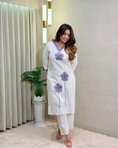 Traje Kurta Palazzo de Algodón Khadi Blanco para Mujer, Bordado, Corte Regular, Largo Regular, Estilo Casual, Estilo India-Pakistán - Product Image 2