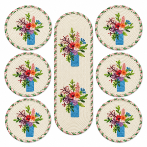 Ensemble de sets de table rectangulaires en jute écologique personnalisables, style campagnard, motif vase floral, bordure tressée, vente en gros - Product Image 1