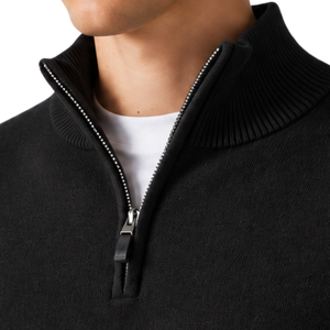 Pull en maille pour homme, noir uni, col montant zippé, manches longues, décontracté, hiver, doux, 100% coton, coupe premium - Product Image 5