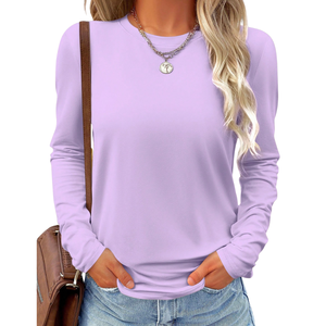 Camiseta Casual de Manga Larga para Mujer, Cuello Redondo, Tela Suave y Elástica, Básica para Uso Diario, Cómoda, Holgada, Transpirable, de Color Sólido - Product Image 1