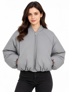 <b>Womens</b> Grey Suede Heated Bomber Puffer Jacket <b>Winter</b> Quilted Lightweight Insulated Outerwear Full Zip Warm <b>Padded</b> <b>Coat</b> - Product Image 1