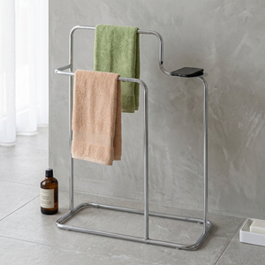 Porte-serviettes autoportant en chrome à 2 barres avec étagère de rangement, support de serviettes de bain mobile pour salle de bain, design minimaliste - Product Image 2