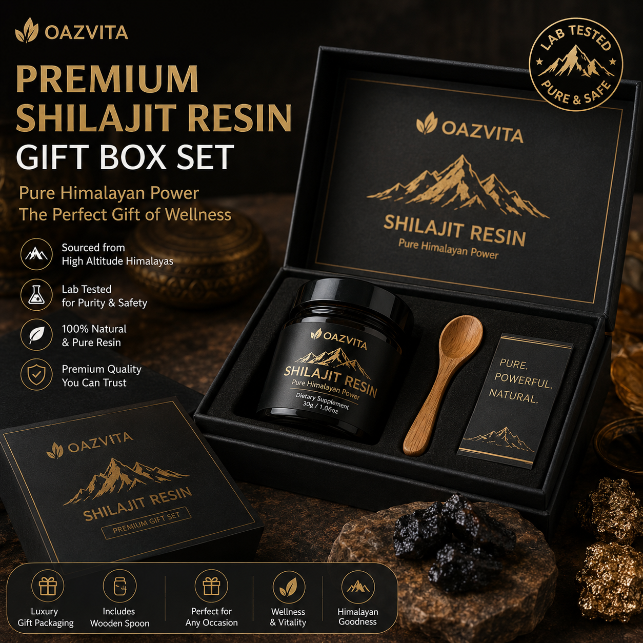 OAZVITA Premium Gift Box Shilajit Resin Set Glass Jar Wooden Spoon Private Label OEM Supplement