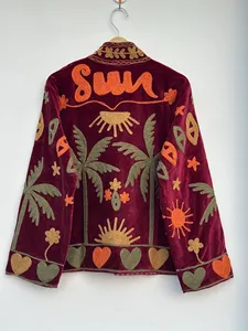 Bohemian Burgundy <b>Velvet</b> Suzani <b>Jacket</b> with Tropical Floral Embroidery Full Sleeve Stand Collar Women's Autumn Outerwear - Product Image 6