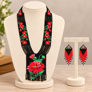 Ensemble collier et boucles d'oreilles de mariage ethniques faits à la main, ornés de perles florales, pour femmes, bijoux à franges rouges et noirs - Product Image 2