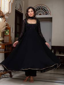Ensemble de costume Anarkali en georgette noir fait main, haut long avec décoration en dentelle, motifs élégants pour le travail, disponible en taille XXXL - Product Image 4