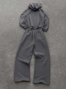 เสื้อฮู้ดมีซิปหน้าสีพื้นแบบยูนิเซ็กซ์ แขนยาว มีเชือกผูกเอว กางเกงวอร์มสตรีทแวร์ทรงหลวมโอเวอร์ไซส์สำหรับฤดูหนาว - Product Image 2