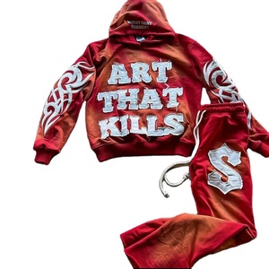 Conjunto de Sudadera con Capucha y Pantalones Deportivos Rojos para Hombre, Diseño Personalizado Worst Saint Garments, Estampado Art That Kills, Ropa Deportiva Urbana, Manga Larga con Cordón Ajustable - Product Image 1