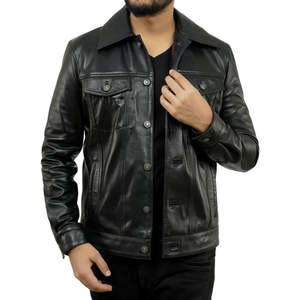 Chaquetas de Cuero Auténtico Estilo Urbano de Alta Gama, Diseño Invernal, Color Negro Sólido, Bolsillos Delanteros, Cierre de Cremallera, Transpirables, para Hombre - Product Image 1