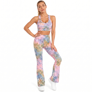 Women's Tie Dye Yoga Set Racerback Crop <b>Top</b> High Waist Flare <b>Leggings</b> 2 Piece Spandex Polyester Workout Wear Bra & <b>Leggings</b> Set - Product Image 2