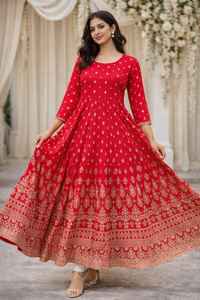 Abito Lungo <span class=keywords><strong>Stile</strong></span> Anarkali Rosso per <span class=keywords><strong>Donna</strong></span>, Kurti <span class=keywords><strong>Etnico</strong></span> con Stampa Tradizionale Dorata, Abbigliamento Indiano per Matrimoni e Feste, Modello Svasato a Tutta Lunghezza - Product Image 4