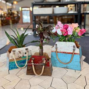 Pots de fleurs / Sacs à fleurs en bois de bateau recyclé couleur naturelle pour la maison, le jardin et l'extérieur, jardinière décorative en rotin/mendong, petit modèle - Product Image 2