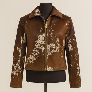 Veste en cuir de vachette marron pour homme, imprimé animal, col rabattu, fermeture éclair, coupe classique, vêtements d'hiver - Product Image 4